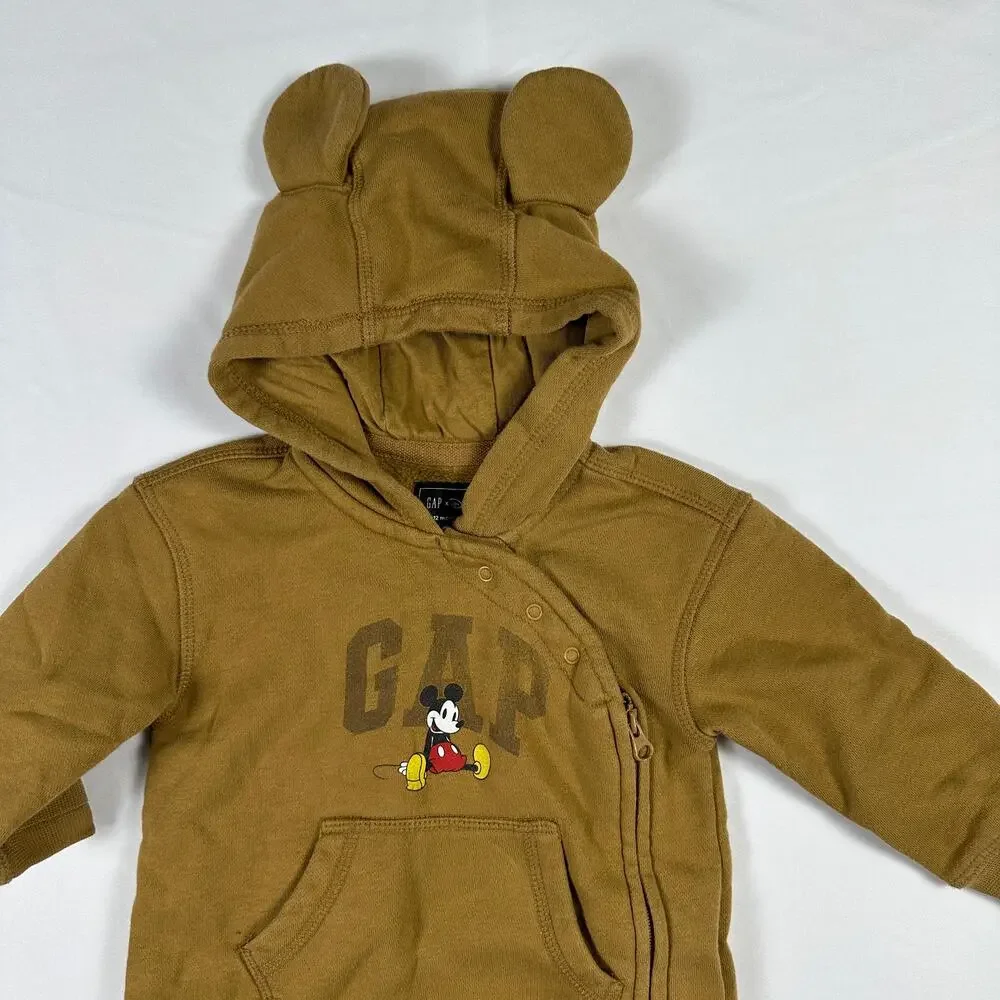 Gap x Disney Mickey Mouse Brown Cozy Fleece One Piece Hooded Romper w/ Ears